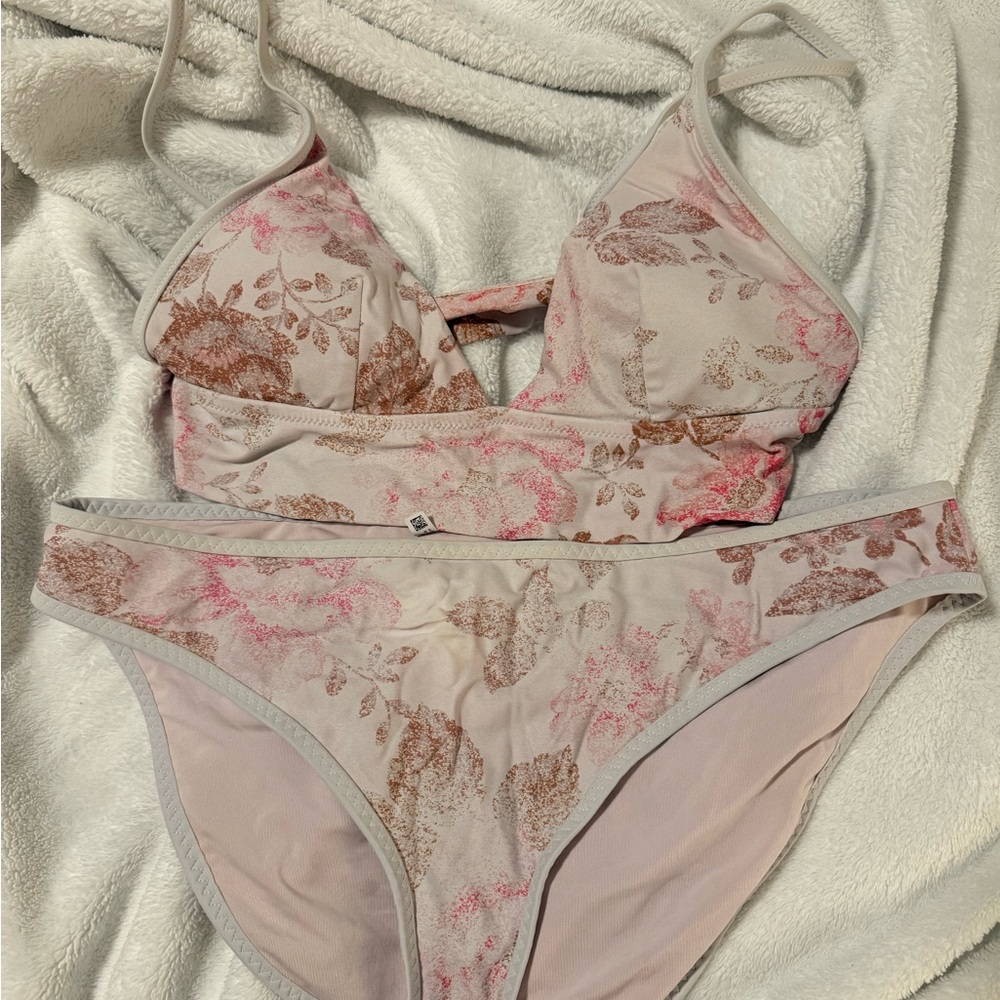 aerie Pink and Brown Floral Mesh Bralette & Bikini Set
